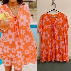 Impressions Malibu Villa Shift Dress in orange Floral ruffle hem flowy size smal